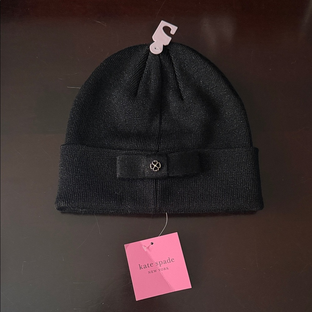 Kate Spade Black sparkle Beanie with Bow Accent